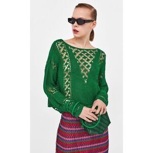 Zara Knit Green Crochet Sweater Top Medium Long Sleeve Open Weave Size M